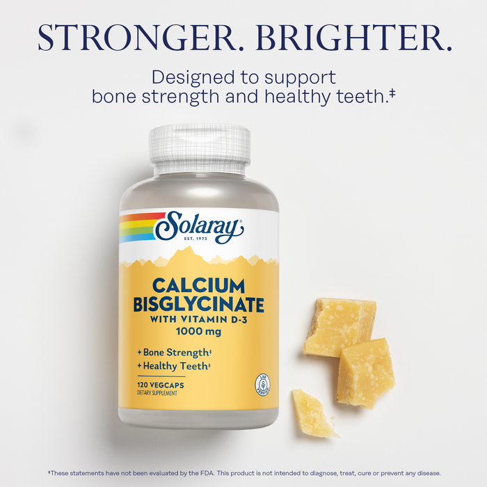 Solaray Calcium Bisglycinate 1000mg with Vitamin D-3, Chelated Calcium Supplement for Bone Strength and Healthy Teeth Support, Enhanced Absorption and Easy to Digest, 30 Servings, 120 VegCaps