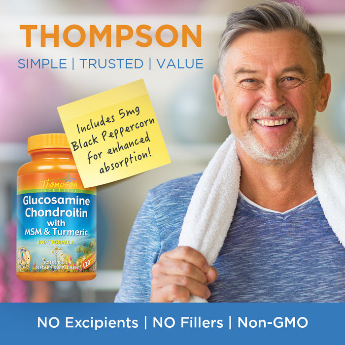 Thompson Glucosamine Chondroitin w/ MSM & Turmeric | Black Peppercorn for Enhanced Absorption | Healthy Joint & Cardiovascular System Support | 120ct