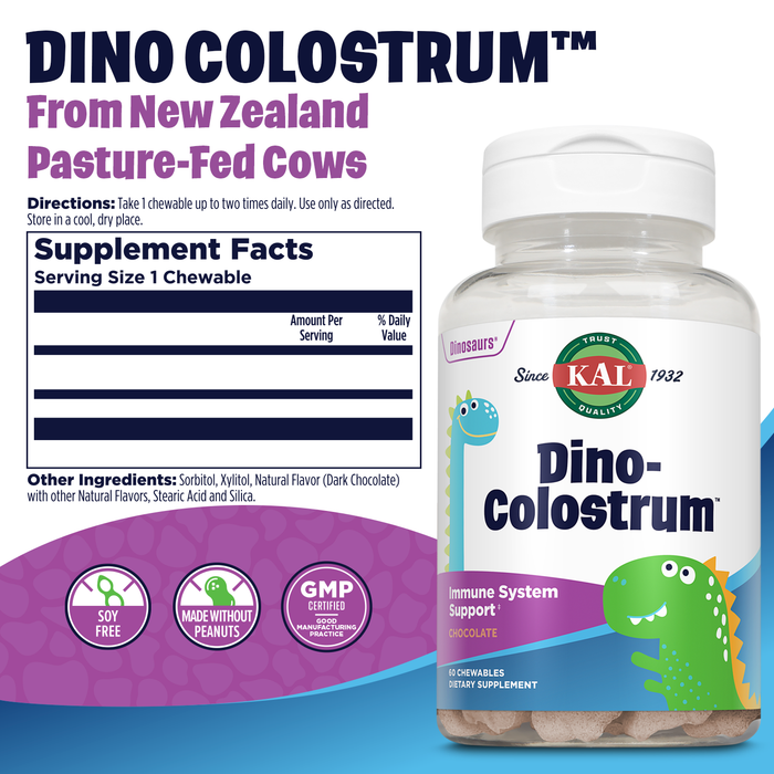 KAL Dino Colostrum - Natural Dark Chocolate Flavor - Bovine Colostrum for Immune Function, Tissue Growth & Repair, and General Well Being Support for Kids - 60 Chewables, 60 Servings