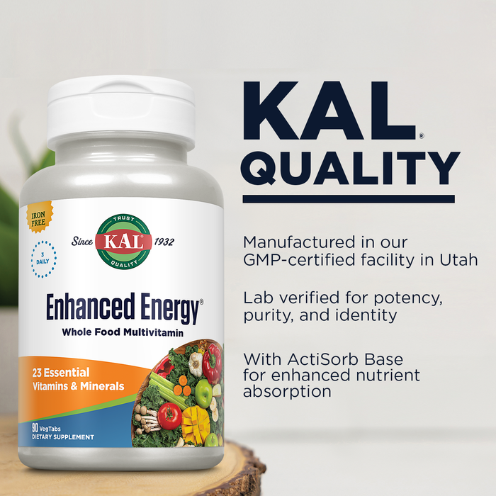 KAL Enhanced Energy Supplements, 3 Daily - Whole Food Multivitamin for Women and Men, Iron Free - 23 Essential Vitamins, Minerals, Super Foods, Digestive Enzymes, 60-Day Guarantee, 30 Serv, 90 VegTabs