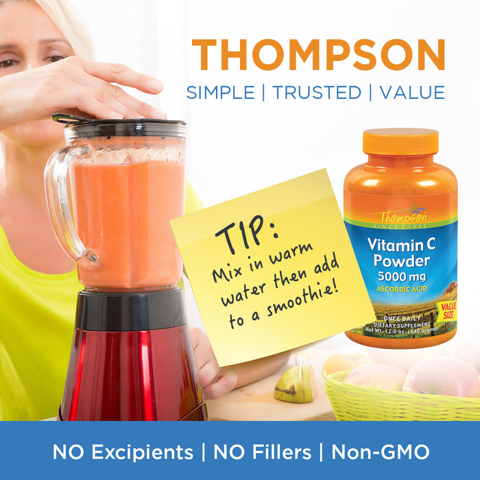 Thompson Vitamin C Powder | 5000mg | 100% Pure Ascorbic Acid | Immune Support & Antioxidant Supplement (8oz) (12 oz)