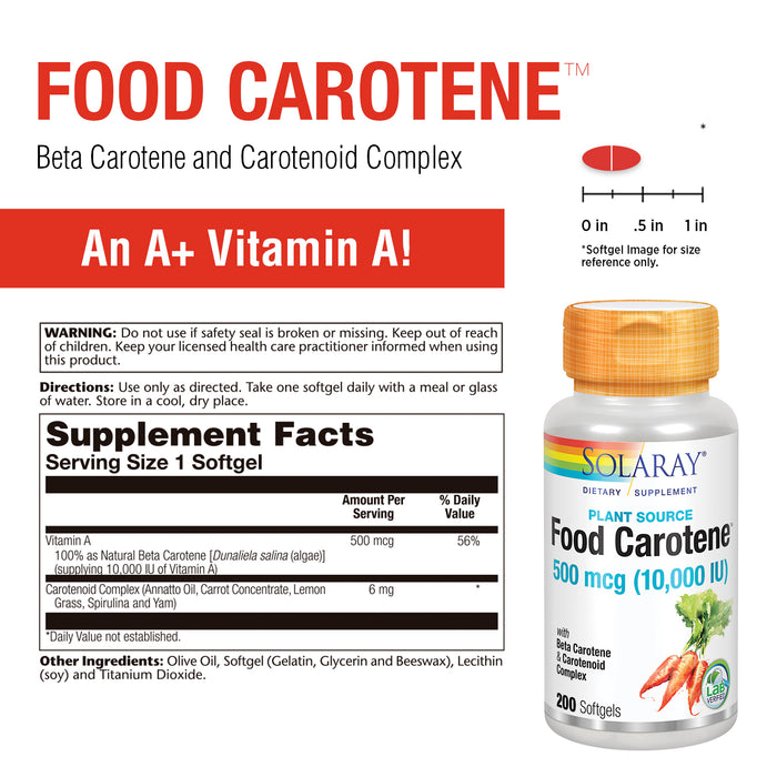 Solaray Food Carotene, Vitamin A 10000 IU | Healthy Skin, Eyes, Antioxidant & Immune Support (100 CT)