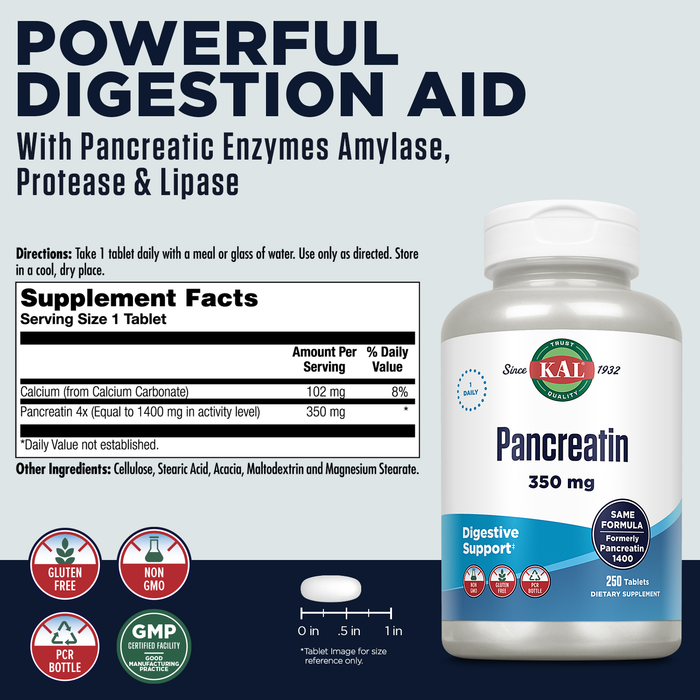 KAL Pancreatin 350mg, Digestive Enzymes for Women and Men, Pancreatic Enzymes for Digestive Health Support, Gluten Free, Non-GMO, Rapid Disintegration, 60-Day Guarantee, 250 Servings, 250 Tablets