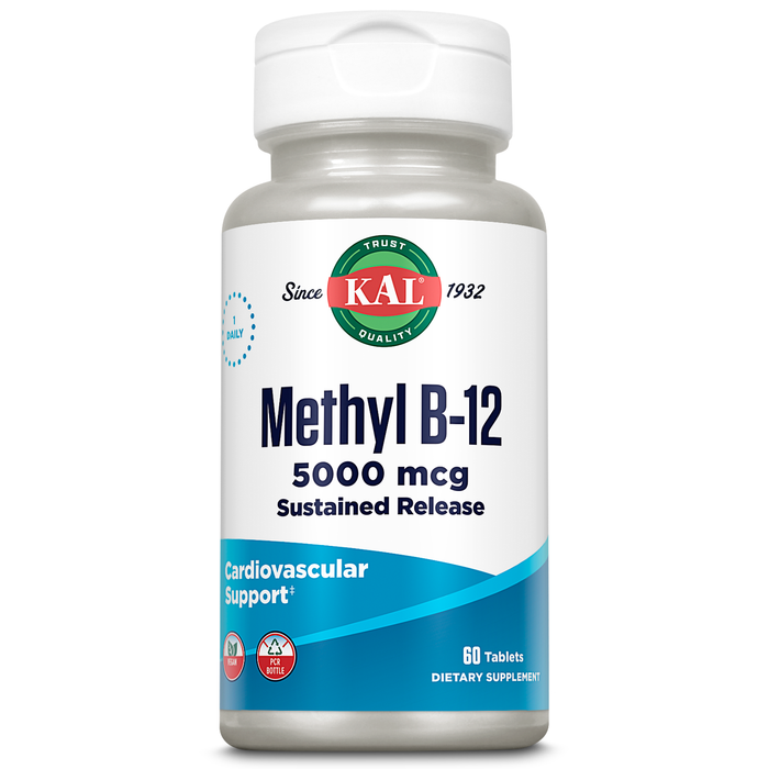 KAL Methyl B-12 5000 mcg Sustained Release Supplement, Healthy Energy, Metabolism, Heart, Nerve and Red Blood Cell Support, High Potency Methylcobalamin B12 Vitamin, Vegan, 60 Servings, 60 Tablets