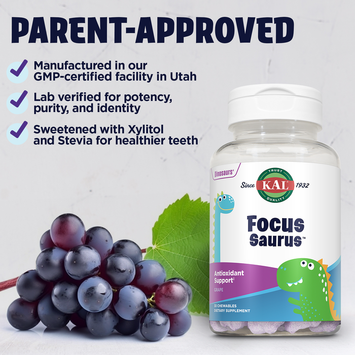 KAL Focus Saurus Chewables - GABA and Antioxidant Focus Supplement for Kids - Vitamin C, Green Tea, B Vitamins, Amino Acids, Fun Dinosaur Shapes, Gluten Free, 60-Day Guarantee, 30 Serv, 30 Grape Chews