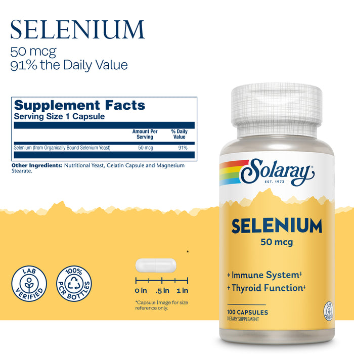 Solaray Selenium 50 mcg, Healthy Immune System, Thyroid Function & Antioxidant Support, 100 Capsules