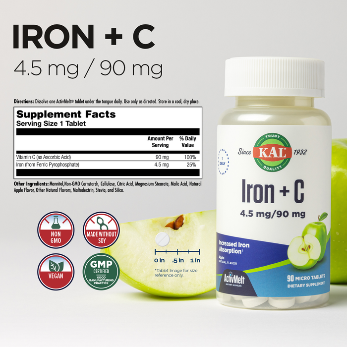 KAL Iron Plus C, Instant Dissolve Iron Supplement for Women and Men, Increased Absorption Iron Pills, Natural Apple Flavor, 60-Day Money-Back Guarantee, GMP Facility, 90 Servings, 90 Micro Tablets