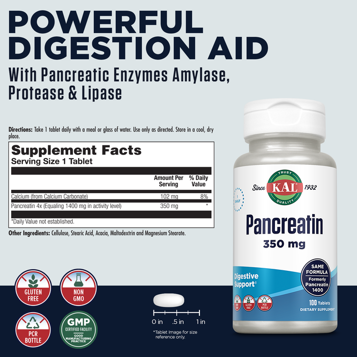 KAL Pancreatin 350mg, Digestive Enzymes for Women and Men, Pancreatic Enzymes for Digestive Health Support, Gluten Free, Non-GMO, Rapid Disintegration, 60-Day Guarantee, 100 Servings, 100 Tablets