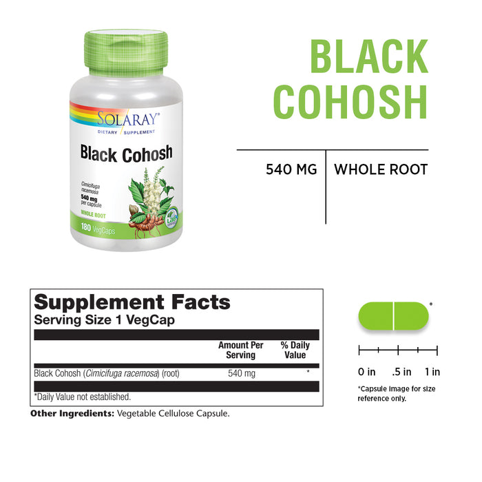 Solaray Black Cohosh 540 mg | Womens Health & Menopause Support Supplement | Whole Root | Non-GMO, Vegan & Lab Verified | 180 VegCaps