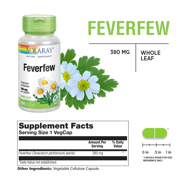 Solaray Feverfew Leaf 380 mg | Healthy Circulation, Blood Vessel Tone, Comfort Support | Non-GMO & Vegan | 100 VegCaps