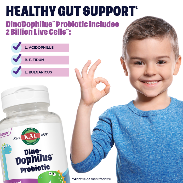 KAL DinoDophilus Probiotics for Kids, Kids Probiotic with 2 Billion CFU, Chewable Kids Probiotics with Natural Black Cherry Flavor for Gut Health and Digestion Support, 60 Servings, 60 Chewables