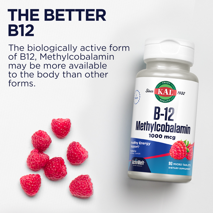 KAL B-12 Methylcobalamin ActivMelt 1000 mcg Natural Raspberry Flavor Healthy Metabolism, Energy, Nerve & Red Blood Cell Support 90 Micro Tablets