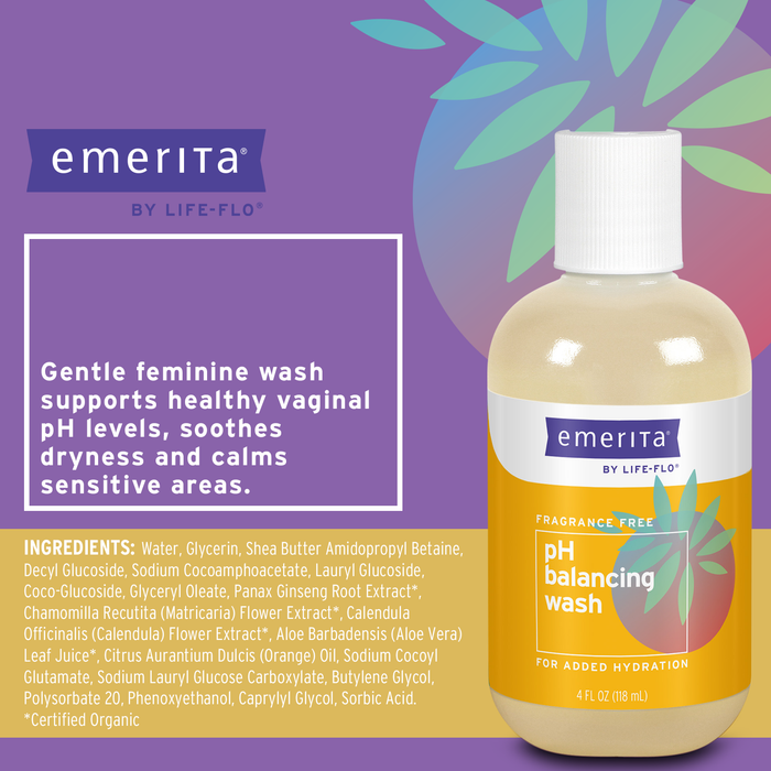 Emerita by Life-flo pH Balancing Feminine Wash, Hydrating Cleanser Soothes Delicate Areas, Fights Odor and Keeps You Feeling Fresh, Made Without Parabens, Fragrance Free, Not Tested on Animals, 4oz