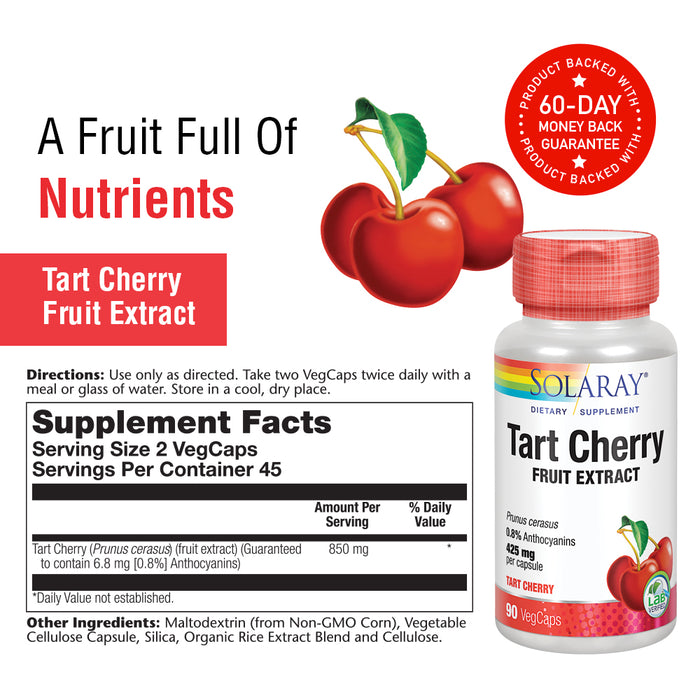 Solaray Tart Cherry Fruit Extract 425mg | Supports Healthy Uric Acid Levels w/ Antioxidants & Anthocyanins | Non-GMO & Vegan | 90 VegCaps