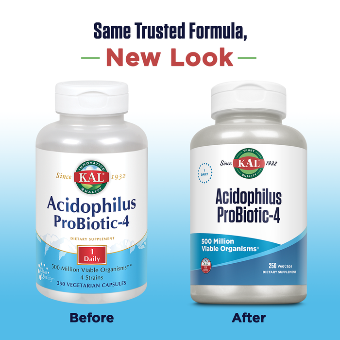 KAL Acidophilus ProBiotic-4, 500 Million CFUs, Four Probiotic Strains, Probiotics for Women and Men, Freeze Dried, L. acidophilus, L. bulgaricus, S. thermophilus, B. bifidum, 250 Servings, 250 VegCaps