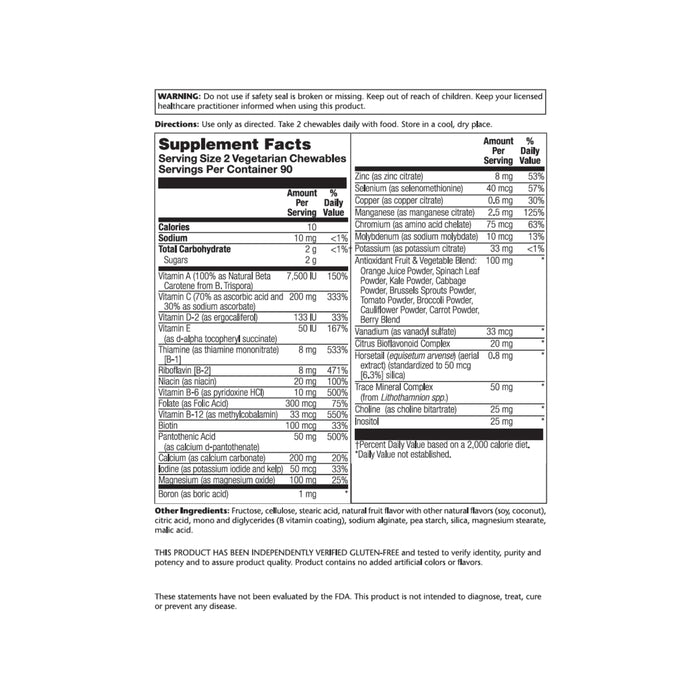 PIONEER NUTRITIONAL FORMULAS Vitamin Mineral w/ No Iron, Chewable, Fruit (Btl-Glass) 180ct