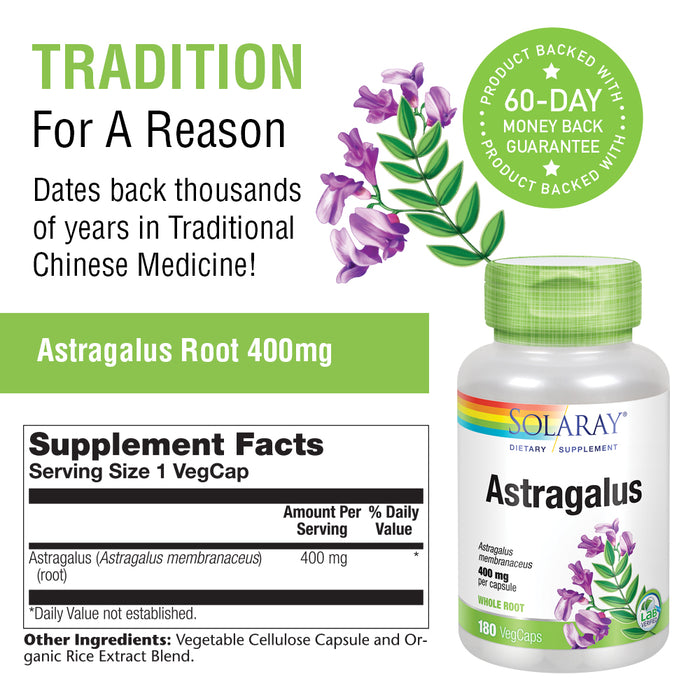 Solaray Astragalus Root 400mg | Healthy Immune Function & Stress Support | Adaptogen Herb | Non-GMO, Vegan & Lab Verified | 180 VegCaps