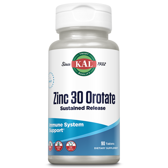 KAL Zinc Orotate 30mg, Sustained Release, Immune Support Zinc Supplement - Chelated Zinc Supplements for Metabolism and Energy Support - Vegan, Gluten Free, 60-Day Guarantee - 90 Servings, 90 Tablets