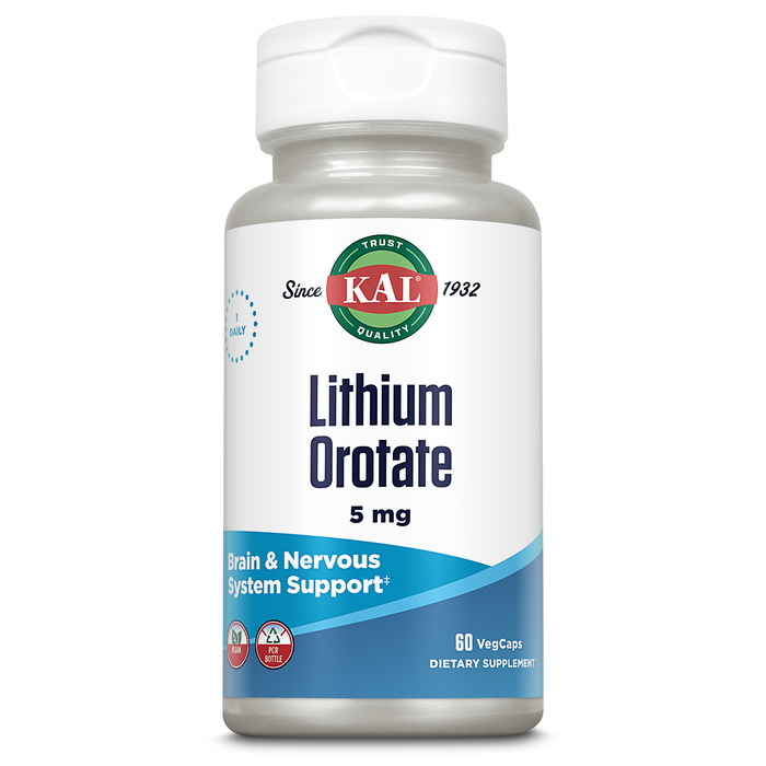 KAL Lithium Orotate 5mg, Low Dose Lithium Supplement for Brain, Nervous System and Mood Support, Chelated and Highly Bioavailable, Vegan, Organic Rice Extract Blend