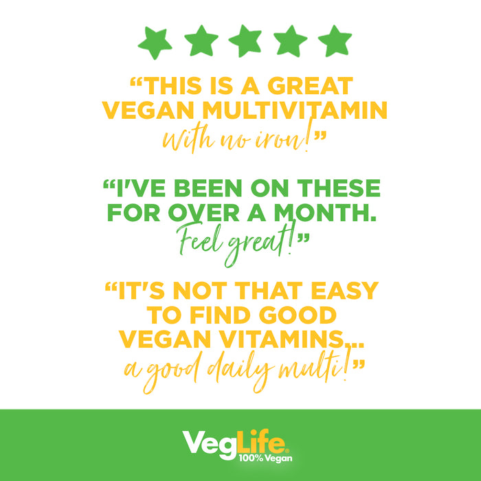 VegLife Vegan One Multiple, Iron-Free | Once Daily Multivitamin & Mineral Complex | Certified Vegan | 60 Tabs, 60 Serv.