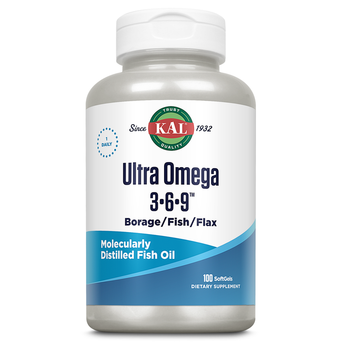 KAL Ultra Omega 3 6 9 1200mg, Fish Oil, Cold Pressed Borage Oil and Organic Flaxseed Oil, Heart Health and Joint Support Supplement, Molecularly Distilled, Solvent Free, 60-Day Guarantee