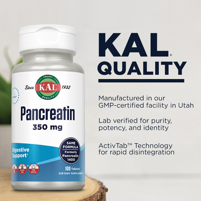 KAL Pancreatin 350mg, Digestive Enzymes for Women and Men, Pancreatic Enzymes for Digestive Health Support, Gluten Free, Non-GMO, Rapid Disintegration, 60-Day Guarantee, 100 Servings, 100 Tablets