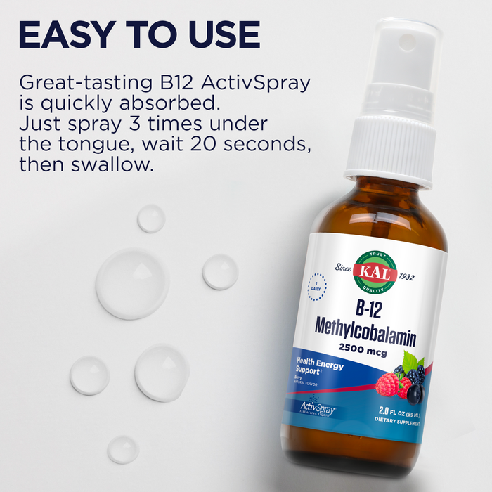 KAL Vitamin B12 Methylcobalamin ActivSpray 2500mcg, Healthy Energy, Metabolism, Nerve & Red Blood Cell Support,* Fast-Acting Liquid B12, Maximum Absorption, Natural Berry Flavor, 80 Servings, 2 fl oz