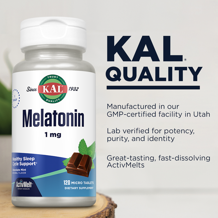 KAL Melatonin 1mg Sleep Aid, Melatonin Supplement Supports Calming Relaxation and a Healthy Sleep Cycle, Fast Dissolving ActivMelts, Natural Chocolate Mint Flavor, Vegetarian, 120 Serv, 120 Micro Tabs