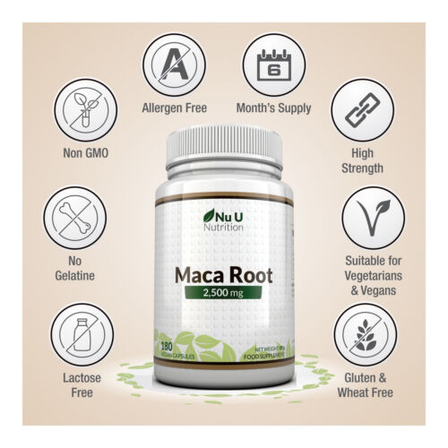 Maca Root Capsules 2500mg 180 Capsules 6 Month's Supply by Nu U Nutrition