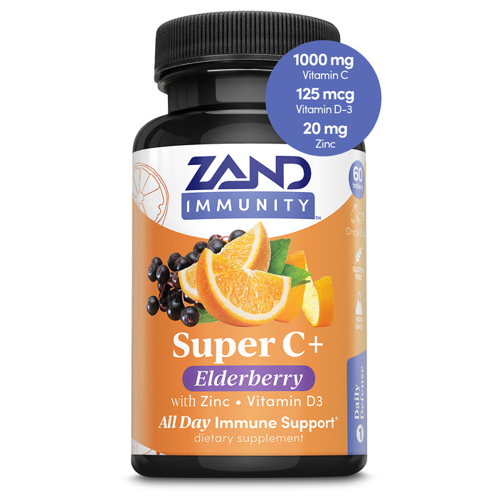 Zand Immunity Super C+ with Elderberry, All Day Immune Support with 1000mg PureWay-C Vitamin C, Plus Zinc & Vitamin D-3, Enhanced Absorption, 60 Tablets, 30 Servings