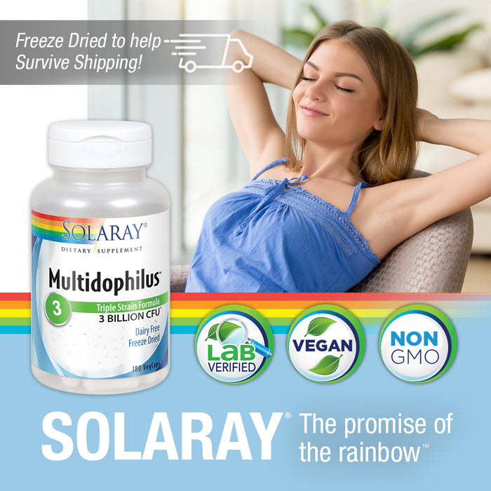 Solaray Multidophilus 3 Freeze Dried | 3 Billion CFU | Probiotics L. acidophilus, B. bifidum, and L. bulgaricus for Healthy Gut Support | 180 VegCaps