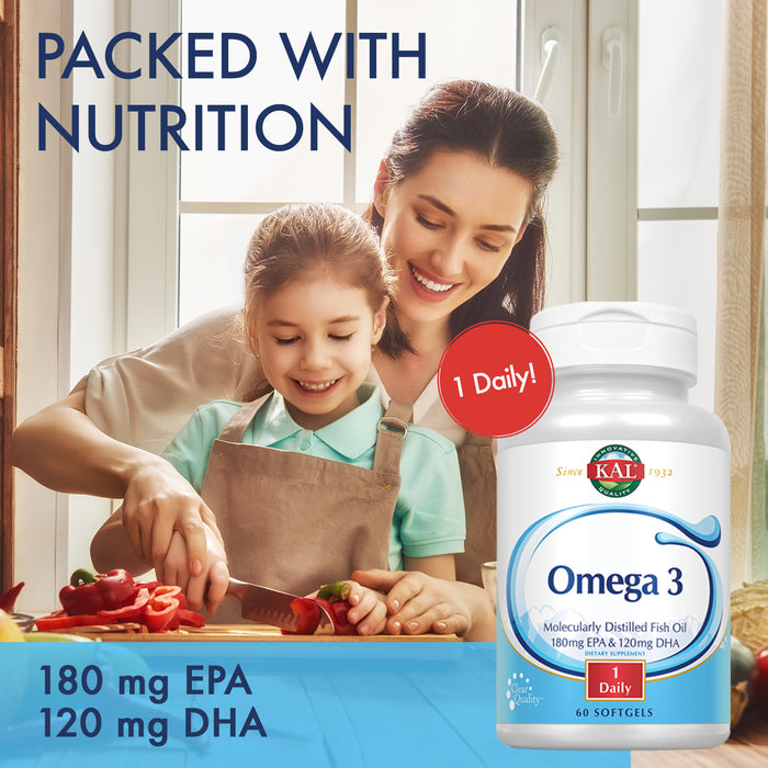 KAL Omega 3 | Omega-3 Fish Oil for Healthy Heart, Joint & Brain Support | 180mg EPA, 120mg DHA