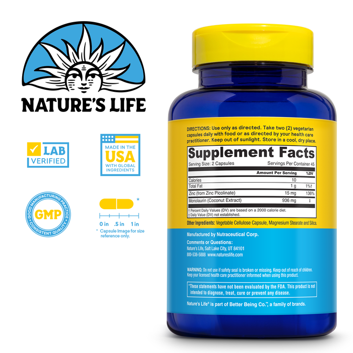 Nature's Life Monolaurin Plus Zinc Immune Support Supplement - 936mg Monolaurin from Raw Coconuts, Zinc 15mg, Supports Gut Health, Balanced Gut Flora, 60-Day Guarantee, 45 Serv, 90 Vegetarian Capsules