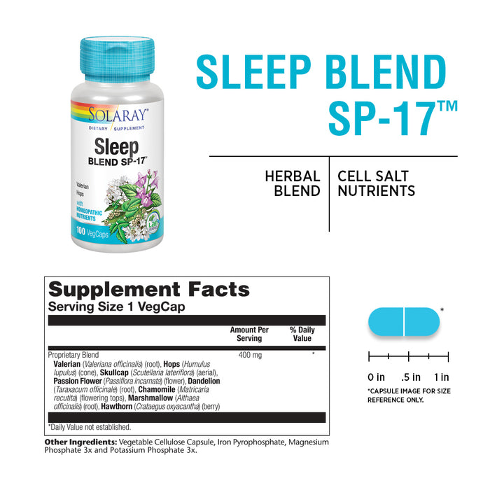 Solaray Sleep Blend SP-17 | Herbal Blend w/ Cell Salt Nutrients to Help Support Healthy Sleep & Relaxation | Non-GMO, Vegan | 100 VegCaps