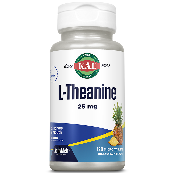 KAL L Theanine 25 mg ActivMelt - Relaxation, Stress, Mood and Focus Supplement - Delicious Natural Pineapple Flavor with Stevia - Vegetarian - 120 Servings, 120 Instant Dissolve Micro Tablets