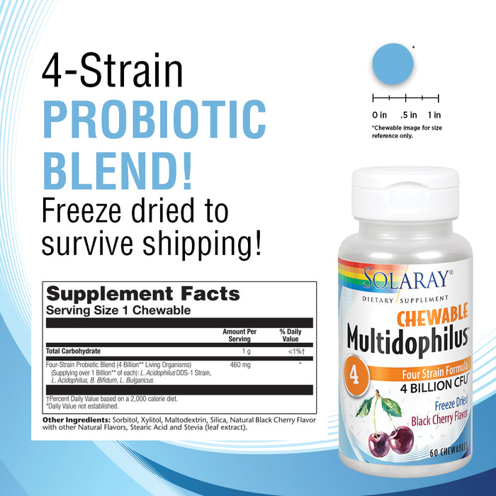 Solaray Multidophilus 4 Chewable Probiotic | 4 Bil CFU w/ L. acidophilus DDS-1 | Black Cherry Flavor | 60 Chewables