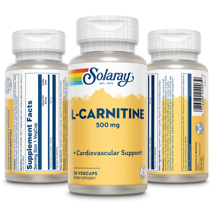 Solaray L-Carnitine 500 mg, Healthy Cardiovascular Support, Free Form Amino Acid, Lab Verified, GMP Facility, 60-Day Money-Back Guarantee, 30 Servings, 30 VegCaps