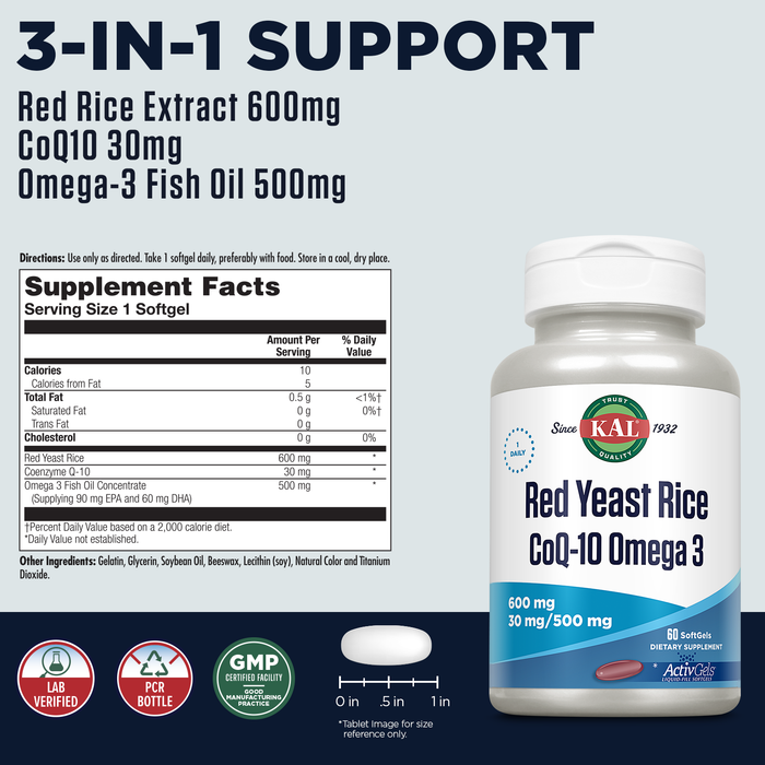 KAL Red Yeast Rice CoQ10 Omega 3 Supplement, Heart Health and Circulation Support, with Red Yeast Rice 600mg, CoQ10 30mg, Plus 500mg Omega 3 Fish Oil, 60-Day Guarantee, 60 Servings, 60 Softgels