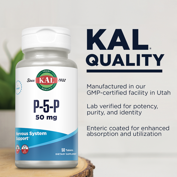 KAL P-5-P Vitamin B6 50mg - Pyridoxal 5 Phosphate - Nervous System Supplements - Red Blood Cell Synthesis and Nerve Support - Enteric Coated - Vegan, 60-Day Guarantee - 50 Servings, 50 Tablets