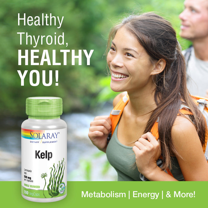 Solaray Kelp 550 mg with Folic Acid for Healthy Thyroid Function, Energy & Metabolism Support | Non-GMO | 100 VegCaps