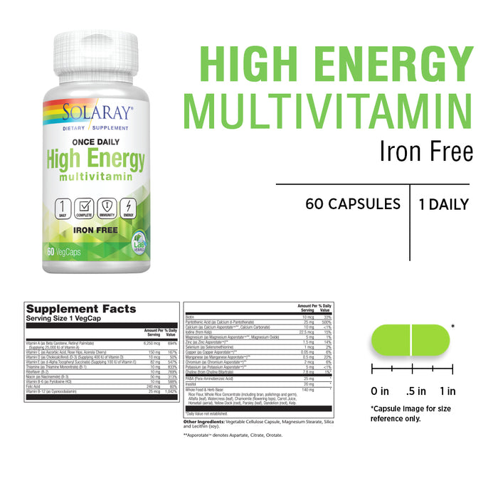 Solaray Once Daily High Energy Multivitamin, Iron Free | Complete Multi w/ Whole Food & Herb Base | Non-GMO | 60 VegCaps