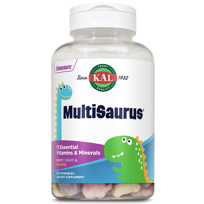 KAL MultiSaurus Kids Chewable Multivitamins, 11 Essential Vitamins and Minerals for Kids, Berry, Grape, Orange Chewables, Gluten and Fructose Free, 90 Servings, 90 Dinosaur-Shaped Chewables