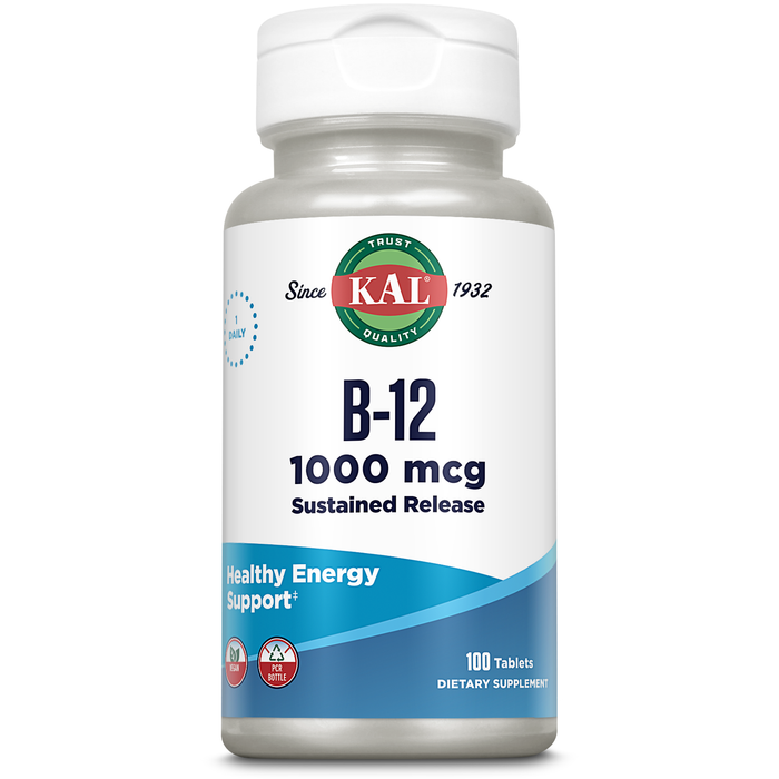 KAL Vitamin B12 1000mcg, Sustained Release Supplement for Healthy Energy, Metabolism, Heart Health, Nerve and Red Blood Cell Support, Long-Lasting Formula, Vegan, 100 Servings, 100 Tablets