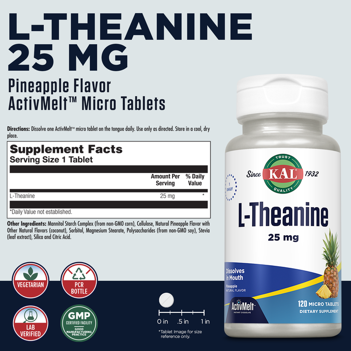 KAL L Theanine 25 mg ActivMelt - Relaxation, Stress, Mood and Focus Supplement - Delicious Natural Pineapple Flavor with Stevia - Vegetarian - 120 Servings, 120 Instant Dissolve Micro Tablets