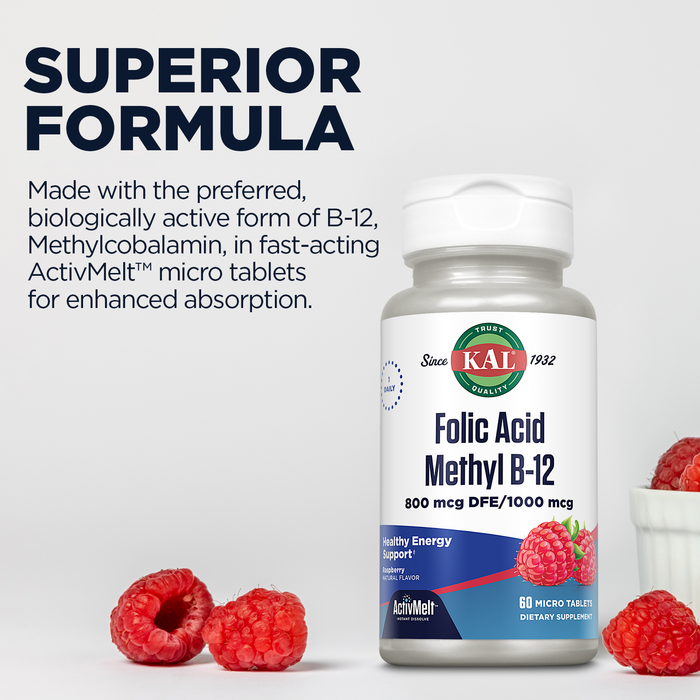 KAL Folic Acid Methyl B12 Supplement, Energy, Metabolism and Heart Health Support, w/ Folate 800 mcg and Methylcobalamin B12 1000 mcg, Vegetarian, Natural Raspberry ActivMelts, 60 Serv, 60 Micro Tabs