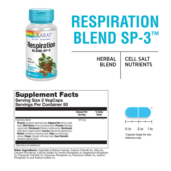 Solaray Respiration Blend SP-3 | Herbal Blend w/ Cell Salt Nutrients to Help Support Healthy Respiration | Non-GMO, Vegan | 50 Servings | 100 VegCaps