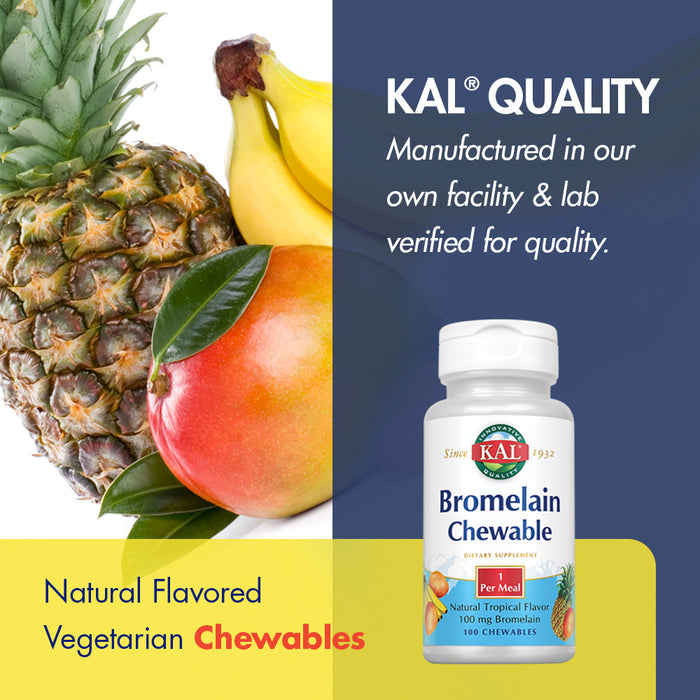 KAL Bromelain 100mg Chewable | Natural Tropical Flavor | Healthy Digestion & Joint Support | From Pineapple Stem | Vegetarian | 100 Chewables