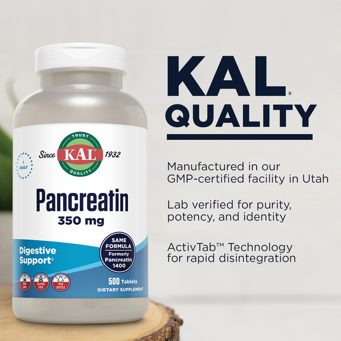 KAL Pancreatin 350mg, Digestive Enzymes for Women and Men, Pancreatic Enzymes for Digestive Health Support, Gluten Free, Non-GMO, Rapid Disintegration, 60-Day Guarantee, 500 Servings, 500 Tablets