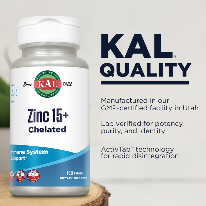 KAL Zinc 15 Plus, Immune Support Supplement with 15mg Chelated Zinc, Betaine HCl and Trace Minerals, Healthy Metabolism and Immune System Support, Vegan, Gluten Free, 60-Day Guarantee, 100 Tablets