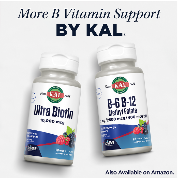 KAL CoEnzyme Vitamin B Complex, Chewable B Vitamins for Healthy Energy, Red Blood Cell and Nerve Function Support w/ Vitamin B12, B6, Folic Acid, Natural Cocoa Mint, Vegan, Sugar Free, 30 Serv, 60ct